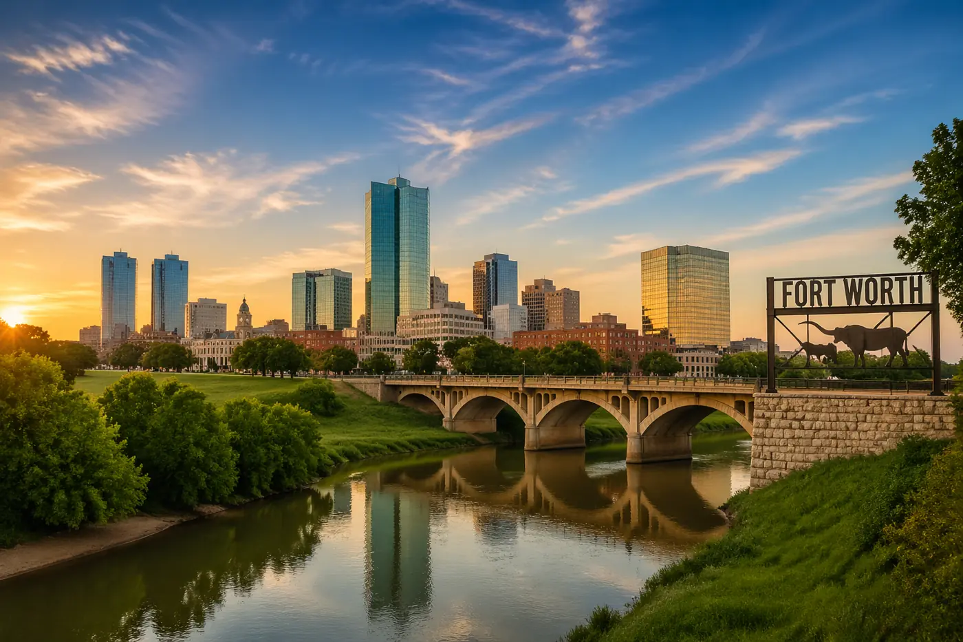 Fort Worth, TX skyline at sunset — BDC Lawncare service area